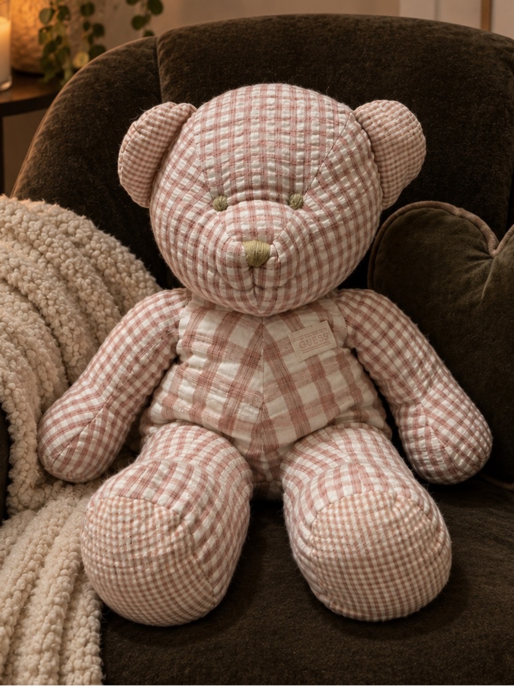 NWT Baby GUESS Pink Striped Seersucker Teddy Bear Plush 14 Inch